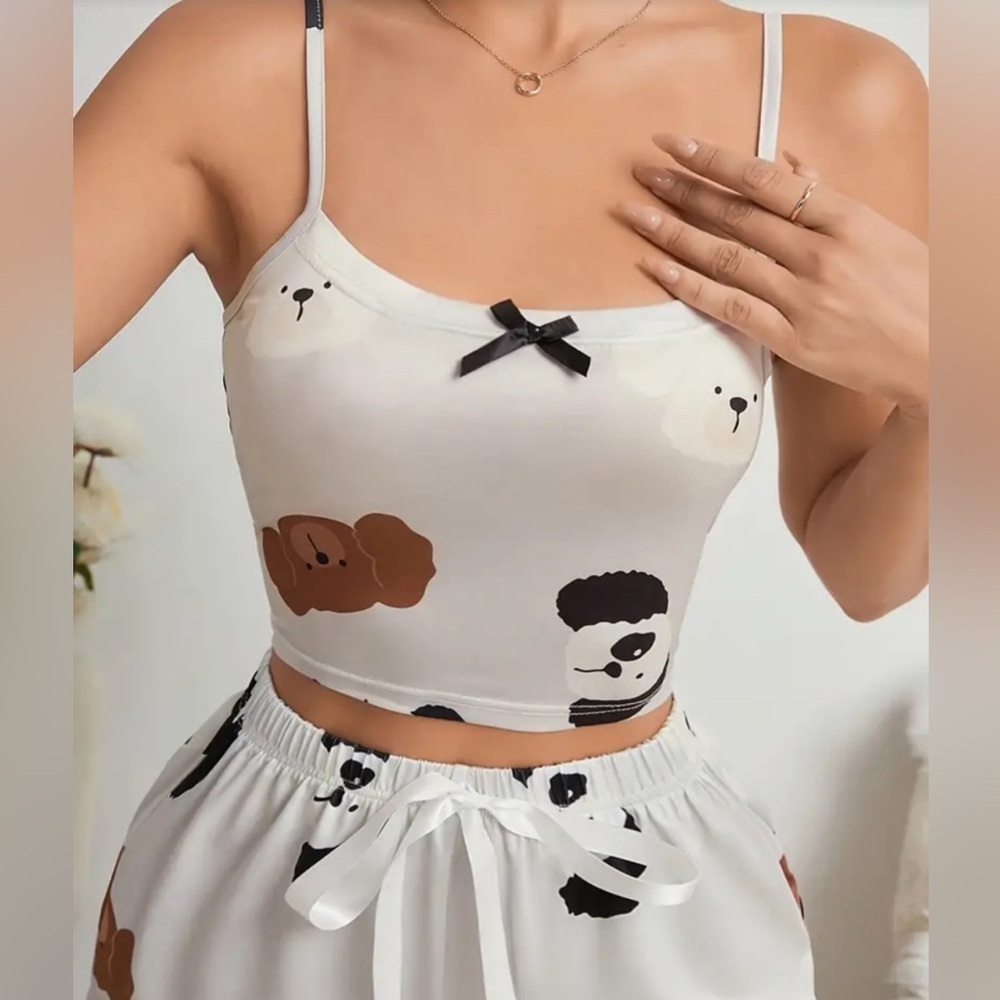 Brand new cute pajama set dogs w bow detail top and shorts​​ women’s dog lover - Picture 4 of 9